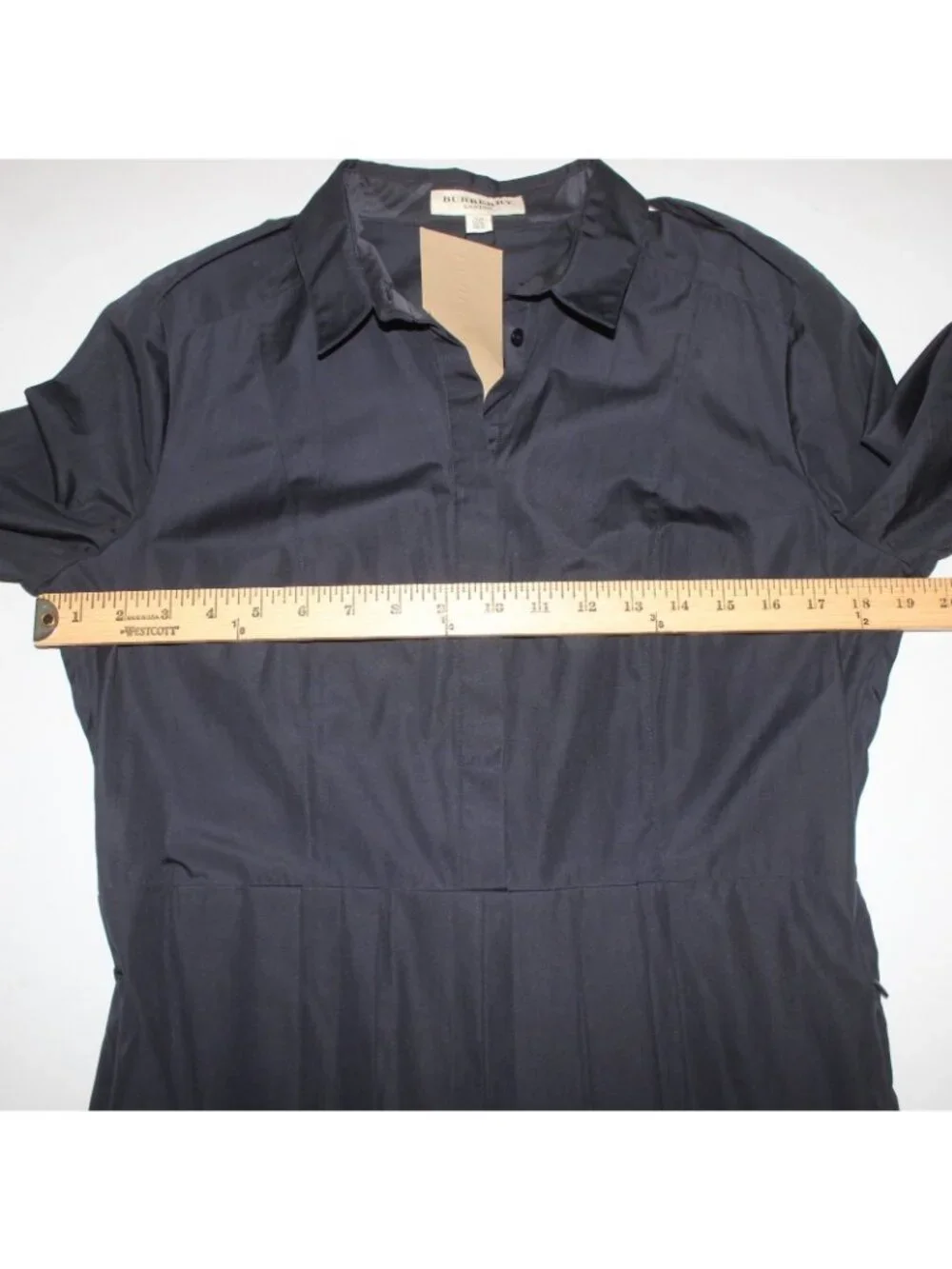 Burberry Dress Sz 12 Navy Blue Pockets Pleated Collared 100% Cotton Dress - Picture 15 of 16